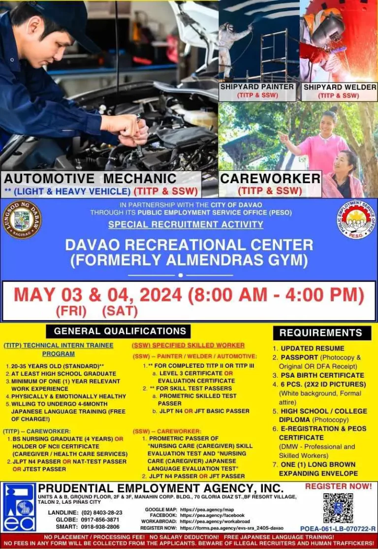 Careworkers, Painters, Welders, Automotive Mechanics Jobs for Japan