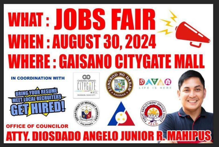 JOB FAIR: In Coordination With the Office of Councilor Mahipus (August 30, 2024 at Gaisano Citygate, Buhangin, D.C.)